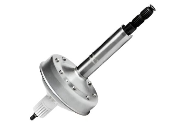 Caixa de Mecanismo Completa Mondial (Eixo Curto). Componente de reposição para tanquinhos ou lavadoras Mondial, contendo o eixo e a estrutura mecânica que movimenta o agitador ou cesto. Peça essencial para o funcionamento dos ciclos de lavagem.