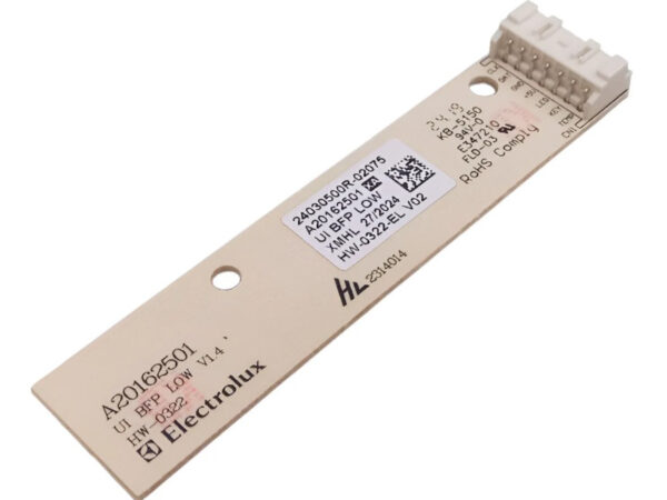 Placa de Interface Original Electrolux para Refrigerador Frost Free DB44, código A20162501. Placa retangular com display digital e botões de controle, responsável por gerenciar as funções de temperatura e modo do aparelho. Peça de reposição genuína para o painel frontal.