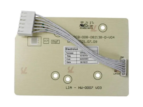 Placa Interface Original Electrolux para Lavadora de Roupas LTD09 (9kg), código 64503063. Placa eletrônica azul e branca com conectores e o circuito impresso responsável pelo painel de controle e botões da máquina de lavar. Peça de reposição genuína.